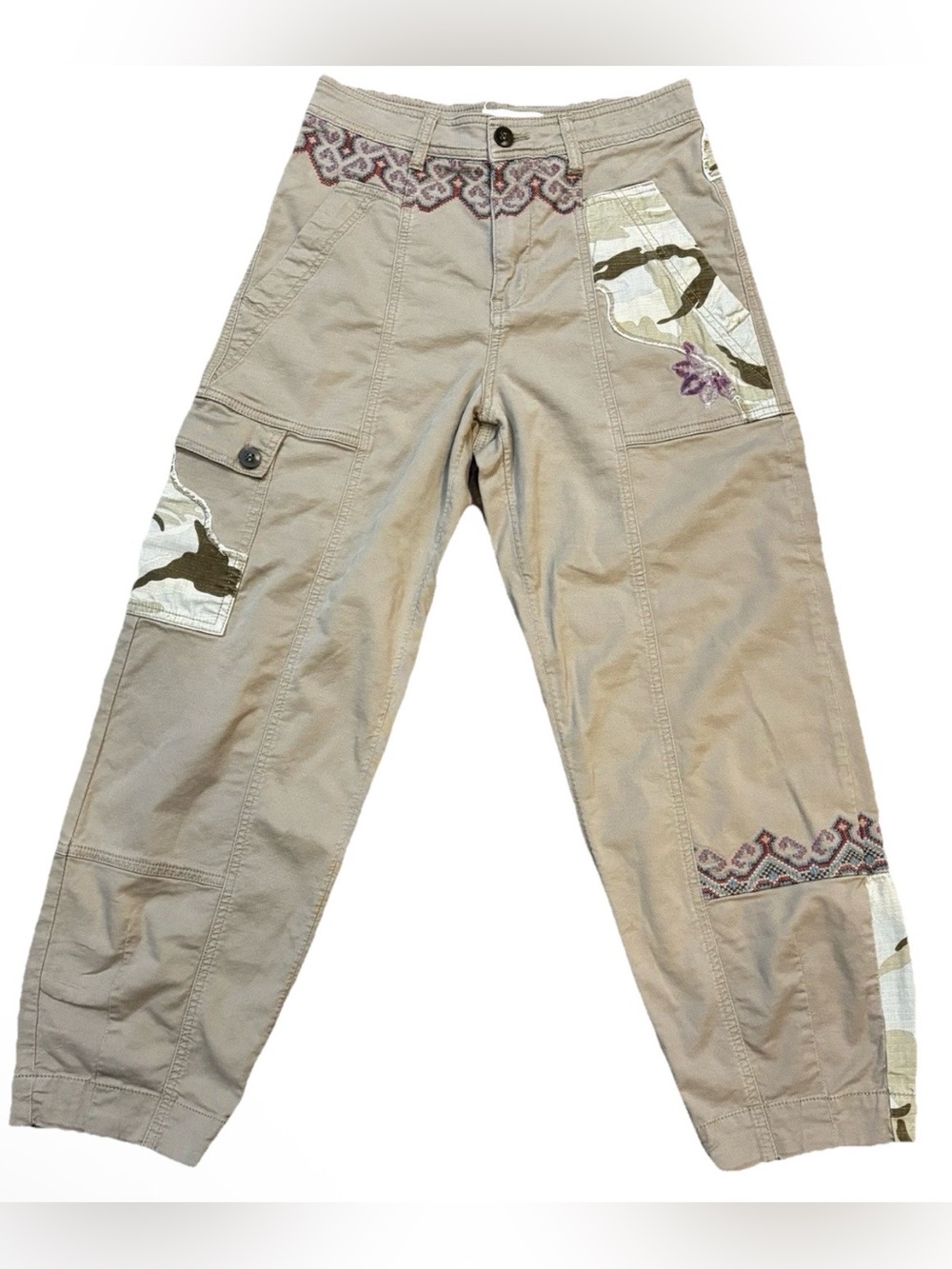 Anthropologie Khaki Patchwork Camo Cargo Twill Embroidered Boho Pants Womens 2